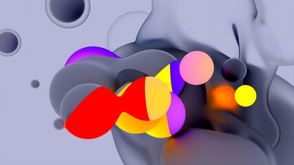 3d render of abstract art video animation with surreal translucent plastic neon fluorescent purple soft bubbles spheres with glowing stripes on a grey background