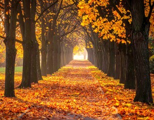 A scenic avenue of tall trees displaying autumn foliage, with fallen leaves covering the path leading towards a bright, sunlit area