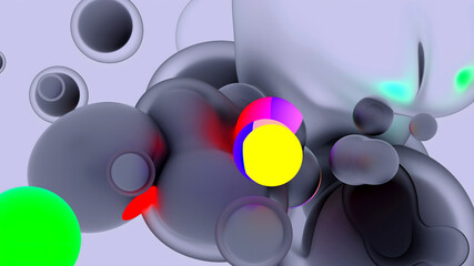 3d render of abstract art video animation with surreal translucent plastic neon fluorescent purple soft bubbles spheres with glowing stripes on a grey background