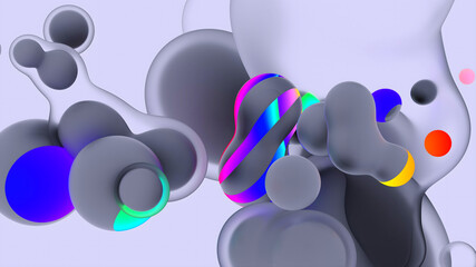 3d render of abstract art video animation with surreal translucent plastic neon fluorescent purple soft bubbles spheres with glowing stripes on a grey background