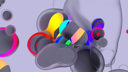 3d render of abstract art video animation with surreal translucent plastic neon fluorescent purple soft bubbles spheres with glowing stripes on a grey background
