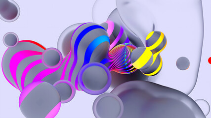 3d render of abstract art video animation with surreal translucent plastic neon fluorescent purple soft bubbles spheres with glowing stripes on a grey background