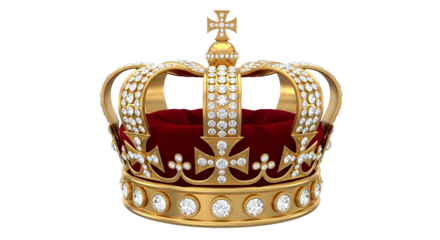 Golden royal crown with diamonds and red velvet cushion