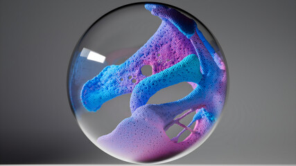 3d render of abstract art surreal glass sphere ball with organic substance inside based on connected small balls spheres as molecular structure particles in deformation transformation process