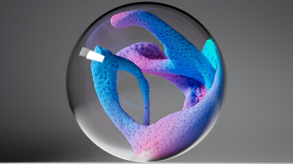 3d render of abstract art surreal glass sphere ball with organic substance inside based on connected small balls spheres as molecular structure particles in deformation transformation process