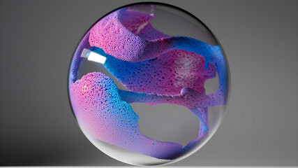 3d render of abstract art surreal glass sphere ball with organic substance inside based on connected small balls spheres as molecular structure particles in deformation transformation process