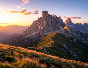 A scenic mountain landscape at sunrise. Golden light bathes jagged peaks, with a path and small building on a green ridge