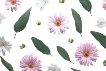 Delicate pink and white flowers, eucalyptus leaves, and buds arranged on a black background.  A repeating pattern of floral elements