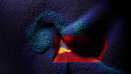 3d render of abstract art with purple surface field with purple dark particles small spheres balls emission in shape of number 01 in red yellow and dark purple mix color