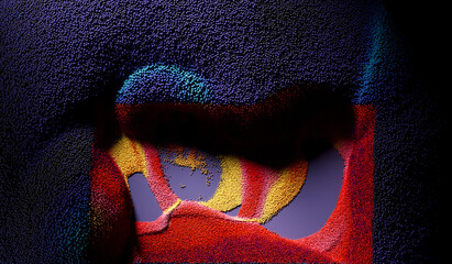 3d render of abstract art with purple surface field with purple dark particles small spheres balls emission in shape of number 01 in red yellow and dark purple mix color