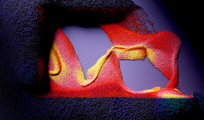 3d render of abstract art with purple surface field with purple dark particles small spheres balls emission in shape of number 01 in red yellow and dark purple mix color