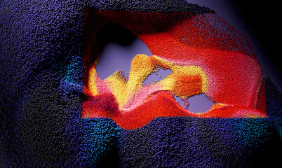 3d render of abstract art with purple surface field with purple dark particles small spheres balls emission in shape of number 01 in red yellow and dark purple mix color