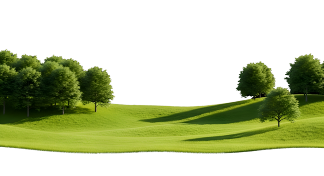 Green grass field with trees on transparent background