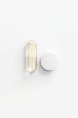 A single capsule and a single round pill side by side on a white background, rendered in 3D minimal realism with clean, balanced studio lighting.
