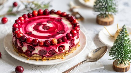 Bright airy overhead shot of a vibrant cranberry swirl cheesecake with festive decorations