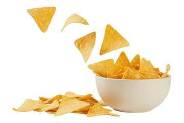 Delicious tortilla chips cascade into a bowl, perfect for snacking, appetizers, and party spreads, offering a tasty treat for gatherings or casual enjoyment, sure to delight any crowd