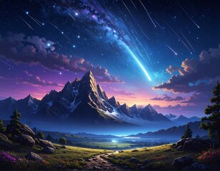 A scenic night view with a starry sky, a bright comet, and a majestic mountain range above a valley
