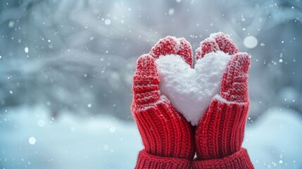 Cozy winter scene red knitted mittens embrace a snow heart amidst sparkling snow and love