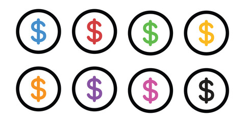 Colorful Dollar Sign Icon Set | Finance, Money, Value, Currency, Payment, Digital Banking and Commercial Symbol Collection 