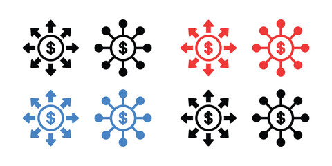 Money Distribution Spread Icon Set | Dollar Transaction, Financial Network, Multi-Directional Investment, Influence, and Flow Vector 