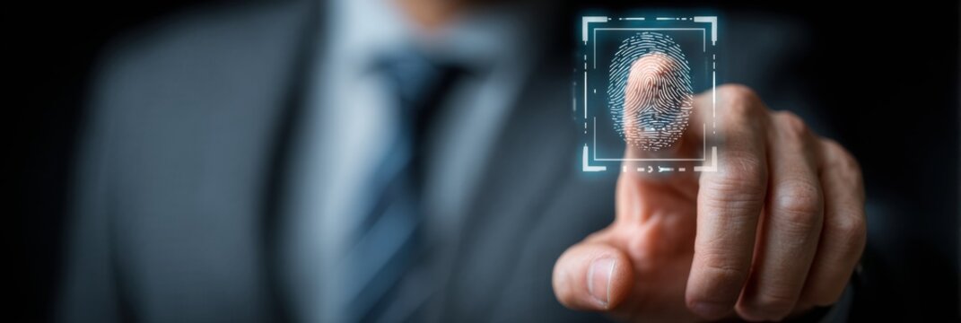 Professional in Suit Scanning Fingerprint for Biometric Authentication in Modern Office Environment