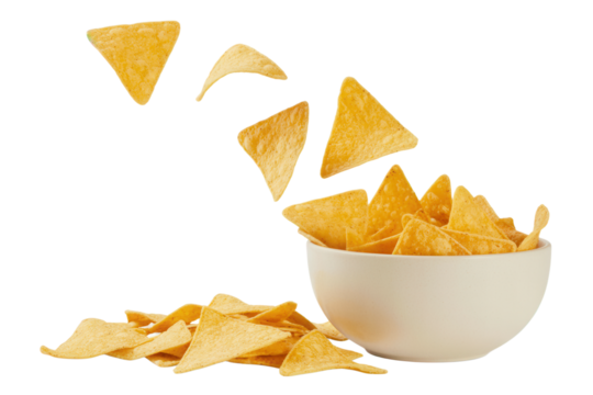 Delicious tortilla chips cascade into a bowl, perfect for snacking, appetizers, and party spreads, offering a tasty treat for gatherings or casual enjoyment, sure to delight any crowd