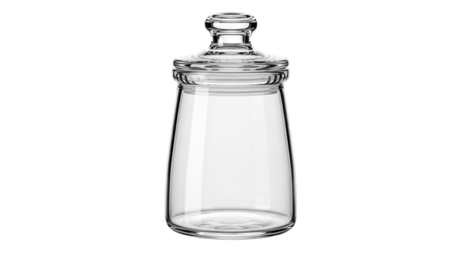 Empty Clear Glass Storage Jar with a Lid on an Isolated transparent background, Kitchen Container Concept