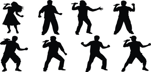 Singers and Rappers Silhouette Collection Featuring Men and Women Performing with Microphones Vector Set
