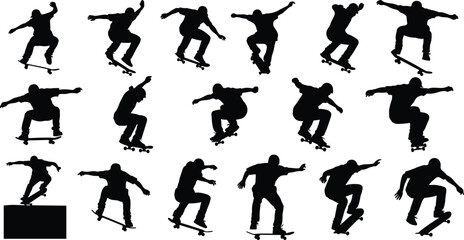 Skateboarder Silhouettes Set Vector Illustration of Young Men Performing Skateboarding Tricks Jumps and Stunts Isolated on White