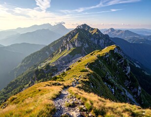 A scenic view captures the majestic peaks in layers, with a path winding across a ridge bathed in morning sun