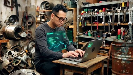 Man Working on Laptop in a Workshop with Tools and Machinery. - Powered by Adobe
