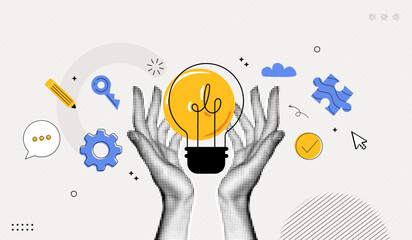 Trendy Halftone Collage Two Hands holds lightbulb. Creative mind, brainstorm or innovation. Create creative idea concept. Business solutions. Think outside box. Contemporary vector illustration art