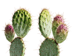 Close-up of two prickly pear cactus pads.  Green, gray, and light brown tones.  Mature pads with numerous spines and small, pinkish-purple flower buds