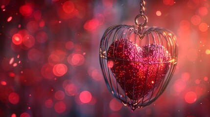 A shining red heart in a metal cage against pink and red bokeh lights symbolizing love and desire