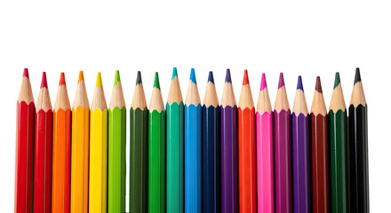 Vibrant Row of Colorful Wooden Pencils Arranged in a Rainbow Gradient on Isolated transparent background