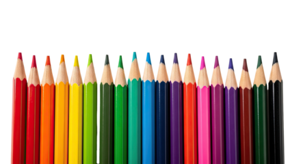Vibrant Row of Colorful Wooden Pencils Arranged in a Rainbow Gradient on Isolated transparent background