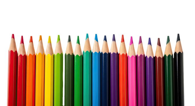 Vibrant Row of Colorful Wooden Pencils Arranged in a Rainbow Gradient on Isolated transparent background