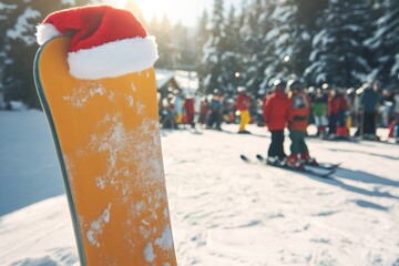 Snowboard standing in fresh snow with a santa hat on a sunny winter day, people skiing in the background. Christmas holiday concept
