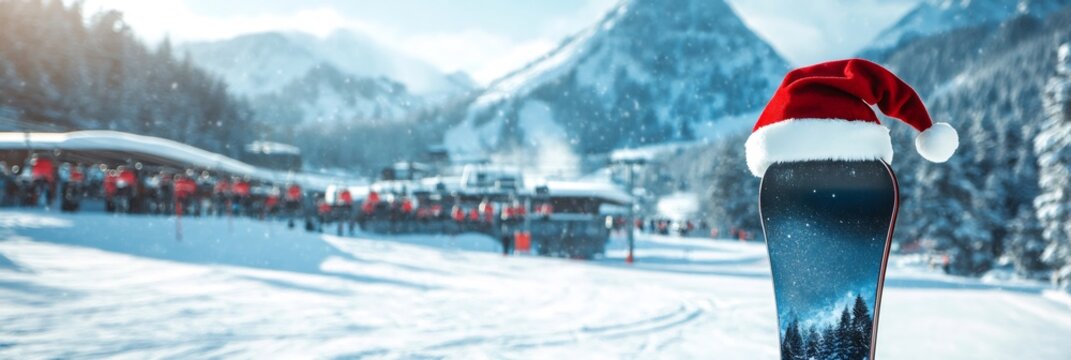 Snowboard standing in snowy ski resort landscape during winter, wearing a red santa hat for christmas and holiday season - Powered by Adobe