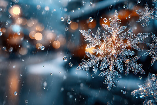 Snowflakes and raindrops on a cold winter night
