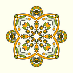 Ornamental Mandala Design with Interwoven Floral Motifs and Geometric Accents A captivating mandala design featuring an intricate arrangement of stylized floral elements and concentric geometric shape