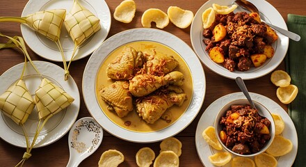 Fototapeta premium A large flatlay composition featuring opor ayam, ketupat, sambal goreng ati with diced potatoes, crispy fried shallots, and crackers arranged beautifully on elegant Eid tableware