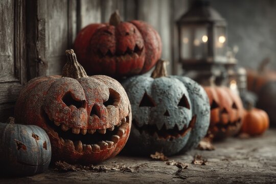 Rustic Halloween scene with carved jack-o'-lantern pumpkins and glowing lanterns