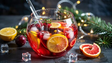 Bright refreshing close up of a non alcoholic red holiday punch with citrus and berries