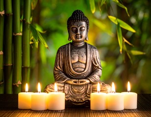 A serene image features a seated, stone statue with candles burning in front. Lush bamboo backdrop creates a peaceful ambiance