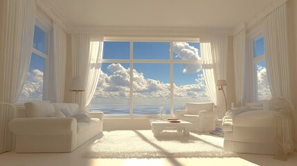 Brightly lit room with expansive windows overlooking a vast ocean and clear blue sky