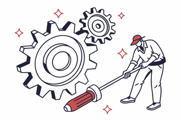 Man Adjusting Gears with Screwdriver Line Art cogs