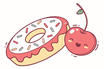 Obraz premium Cute Kawaii Donut and Cherry with Happy Faces illustration