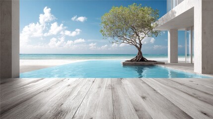 Modern luxury residence features an infinity pool merging with the bright ocean vista