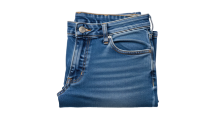 Neatly Folded Blue Denim Jeans, Top Down View, Isolated transparent background